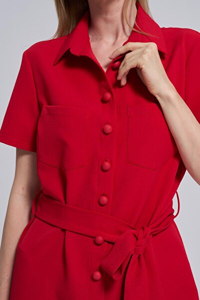 Journey Polo Yaka-Cepli Önden Düğmeli, Kemer Detaylı Elbise