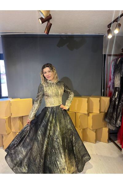 Lovely Dress Metalik Desenli Uzun Kollu Abiye Elbise