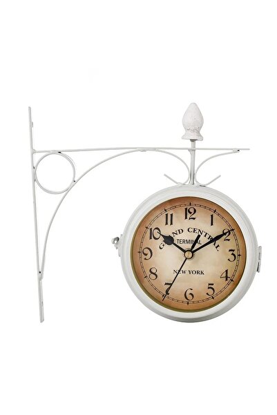 Choice ساعة حائط خارجية بيضاء معلقة على الحائط ذات وجهين رجعية تعمل بالبطارية ومثبتة على حامل معدني كلاسيكي للحديقة