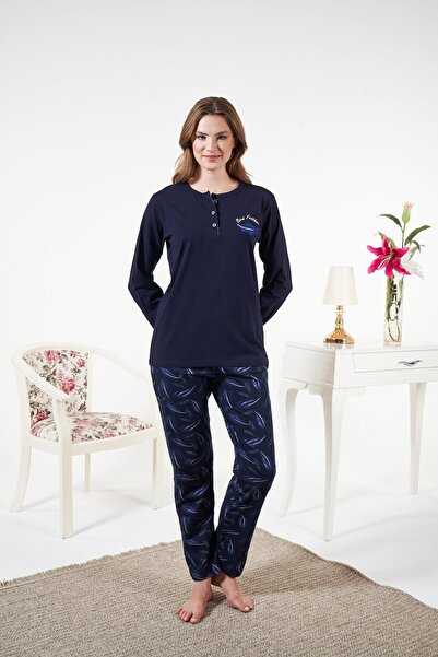 Estiva Women's Winter Patchwork Patterned Combed Cotton Lycra Pajama Set Navy Blue
