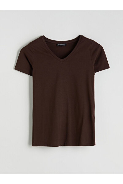 LC Waikiki Kahverengi V Yaka Kadın Tişört