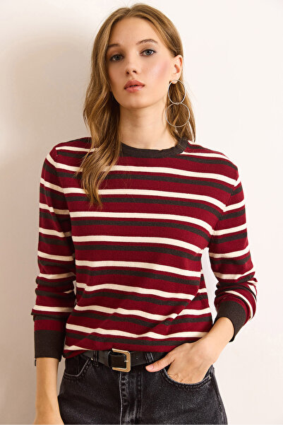 Olalook Women's Burgundy Striped Soft Textured Viscose Blend Knitwear Blouse Blz-19003096