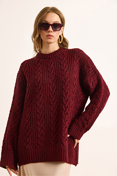 Olalook Women's Burgundy Thick Hair Braided Oversize Knitwear Sweater Kzk-19000986