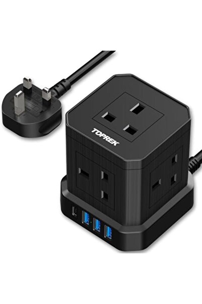 Generic TOPREK Cube Extension Lead with USB Slots, 5 Way Power Strip with 5 AC Outlet 4 USB (20W PD3.0 Fast