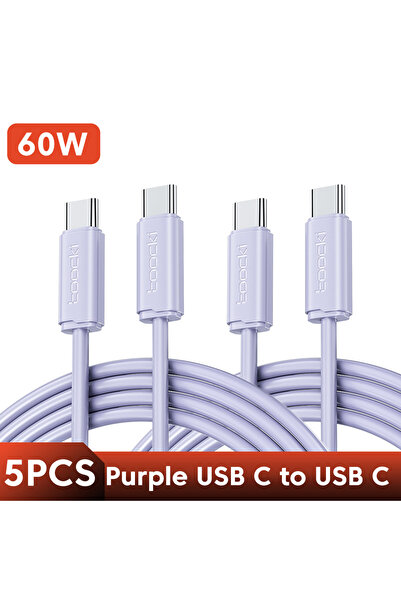 Toocki 1 متر 5 قطع 60 واط أرجواني 5 قطع كابل USB C إلى USB C PD 100 واط/60 وا...