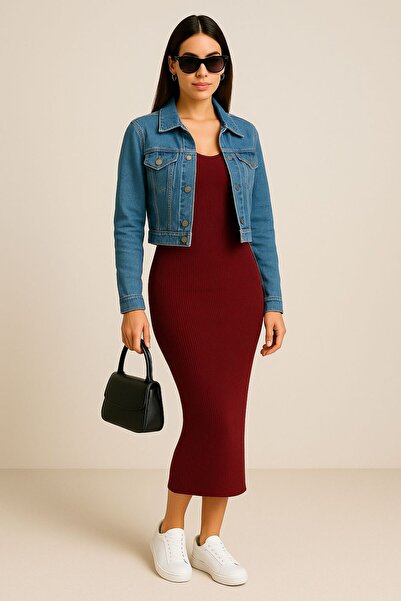 Styling Park Fitilli Kumaş Uzun Kollu Midi Boy Basic Elbise