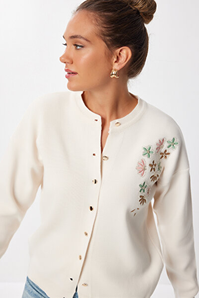 Lovelyİstanbul Embroidered Beaded Knitwear Cardigan Lnx0006 Cream