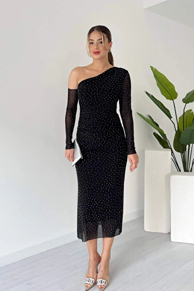 MOZENA Tek Omuz Taş Detaylı Tül Elbise