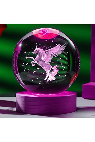 keyfim shop Kişiye Özel Işıklı Ahşap Kaideli Kanatlı At Temalı Cam Küre 8*6cm