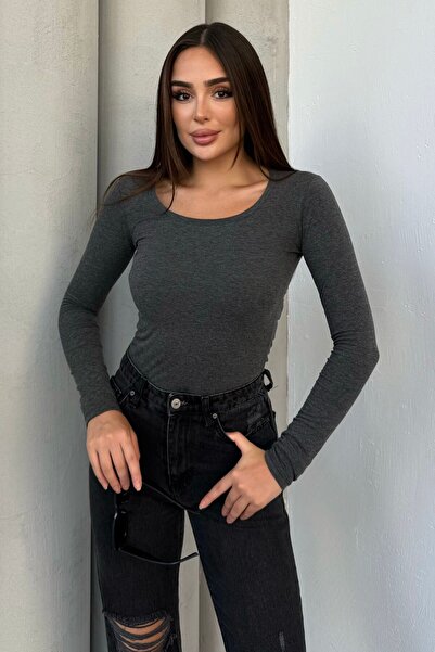 modavingo Women's Anthracite Melange Square Neck Long Sleeve Basic Body