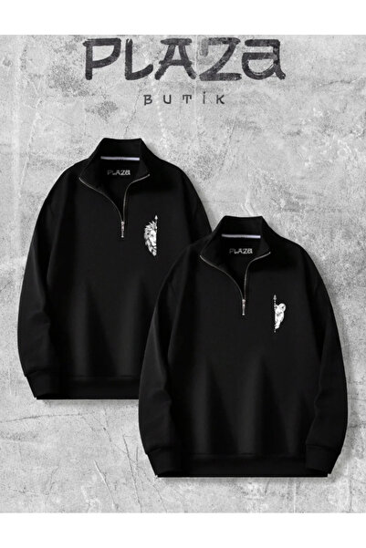 Plaza Butik Aslanın Eşide Aslandır Siyah 3iplik Yarım Fermuarlı Ikili Sweatsh...