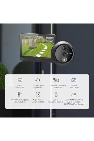 EZVIZ HP4 Wirefree Peephole Door Viewer Camera with Built in Doorbell, 1080p 4.3" Color Screen, Rech