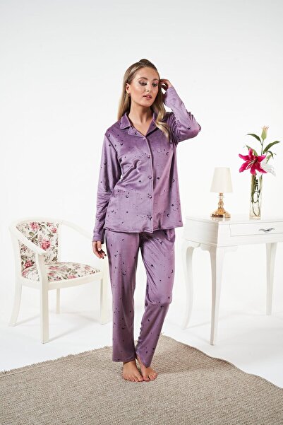 Estiva Women's Winter Front Buttoned Star Patterned Velvet Pajama Set Purple