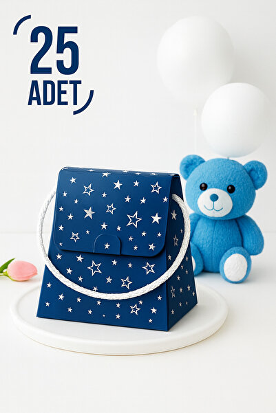 ByMeyla 25 Adet Özel Konsept Tasarım Hediye Kutusu Hediye Çanta Boş Karton Çanta Hediyelik Mavi, Yıldızlı