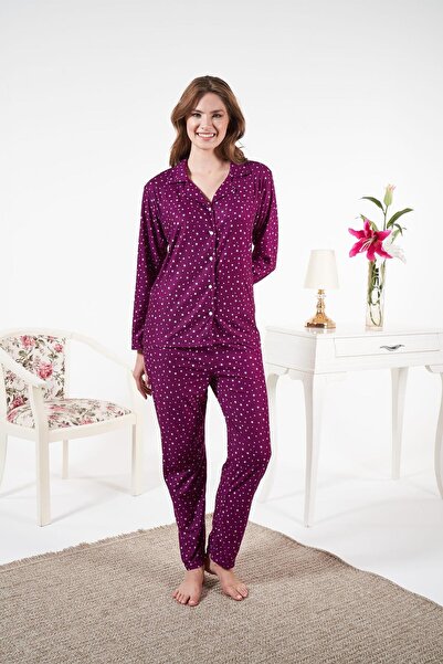 Estiva Women's Winter Front Buttoned Star Patterned Suede Pajama Set