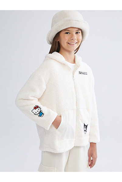 LC Waikiki Ecru Hooded Embroidered Plush Girl's Cardigan