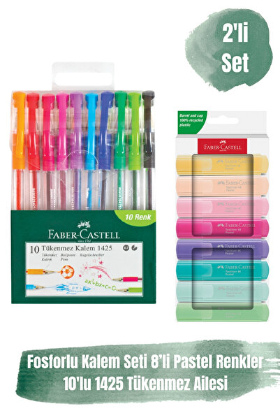 Faber Castell Renkli Yazı ve Vurgulama Seti 10’lu Tükenmez Kalem + 8’li Fosforlu Pastel Kalem