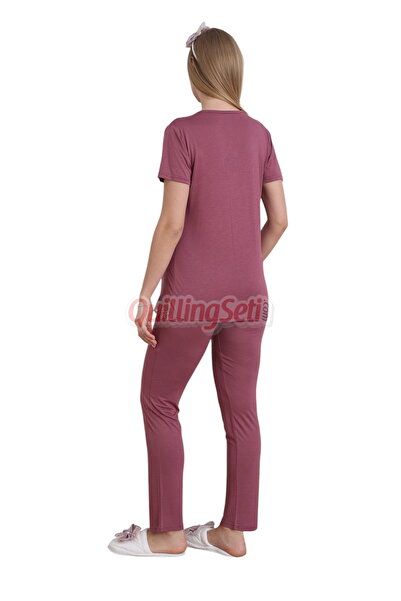 quilling 3-Piece Cherry-Colored Maternity - Pregnancy Pajama Set with Robe and Lace Detailing 3430