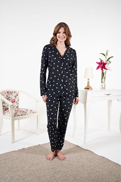 Estiva Women's Winter Front Buttoned Heart Patterned Suede Pajama Set