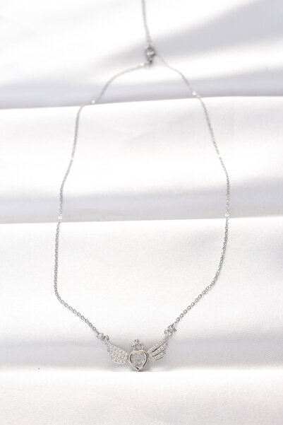 Lisinya قلادة على شكل جناح قلب من الفولاذ 316L بلون فضي مع حجر الزركون -