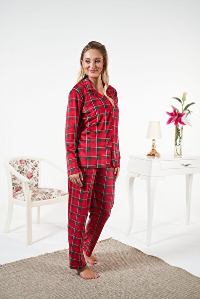 Estiva Women's Winter Front Buttoned Checkered Velvet Pajama Set Red