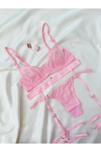 İNKO İÇ GİYİM Underwire Unlined Tulle Detailed Patterned 3-Piece Bra Set (Bra & Thong)