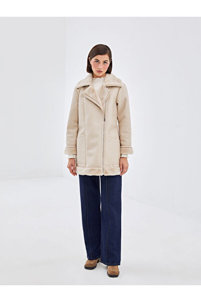 LC Waikiki Palton LCW Modest Bej cu guler de blană pentru femei aspect de piele