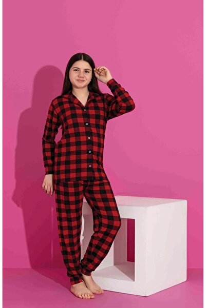 Tarık Kız çocuk Uzun kol -önü dügmeli %100 Pamuk kumaş Kareli pijama takımı