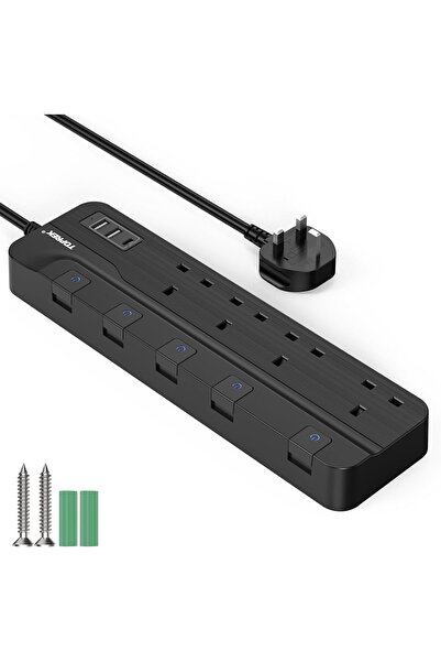 Generic سلك تمديد TOPREK 4 مع مقبس عريض للغاية، ومفاتيح فردية للإضاءة مع 2 منافذ USB-A،