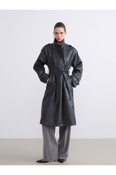LC Waikiki Black Double-Breasted Collar Leather Look Women's Trench Coat