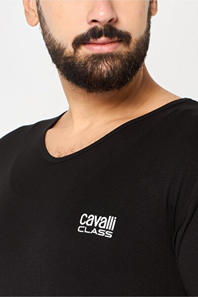 Cavalli Class Men V Neck Short Sleeve Brand Logo T-Shirt, Black