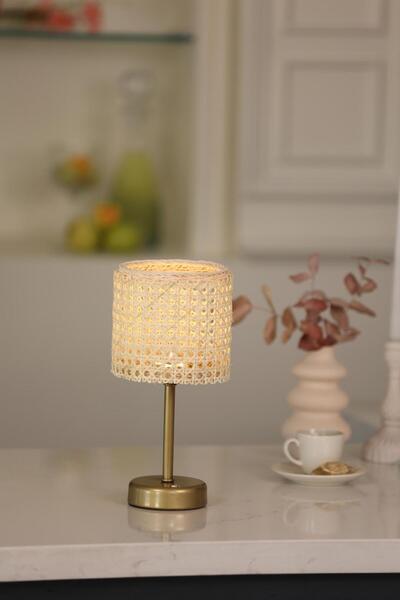 Maison Avf Hazeran & Rattan Masa Üstü Kablosuz Şarjlı Masa Lambası - Alt Uzun Eskitme Gold