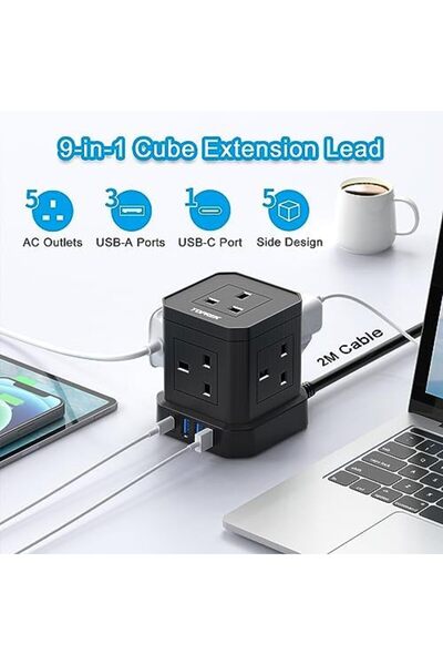 Generic TOPREK Cube Extension Lead with USB Slots, 5 Way Power Strip with 5 AC Outlet 4 USB (20W PD3.0 Fast