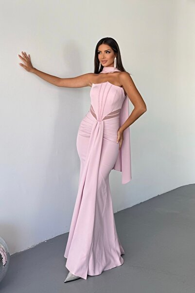 İyem Abiye Krep Şallı Bel Transparan Ve Taşlı Yırtmaçlı Abiye Elbise Dar Kalıp