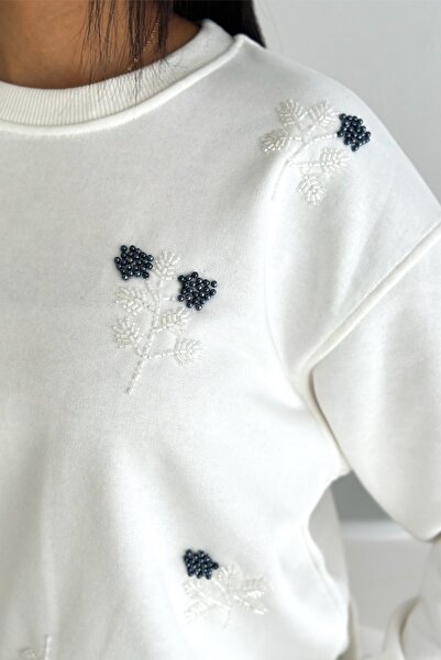 FEMELLE 100% Cotton Sweatshirt with White Beads and Sequins Embroidery