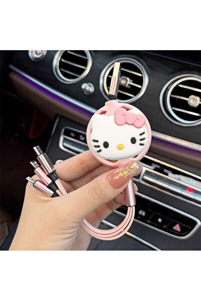 Miniso 1m pink Sanrio Hello Kitty 3 In 1 Retractable USB Cable Fast Charging Data Cord For Iphone Multi P.