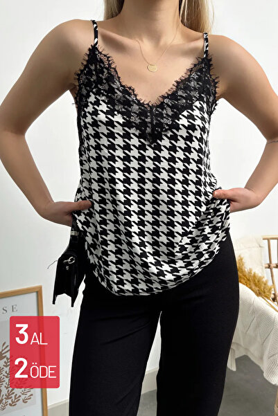 Mogi Butik Women's Houndstooth Pattern Lace Detailed Strappy Sandy Blouse 3031