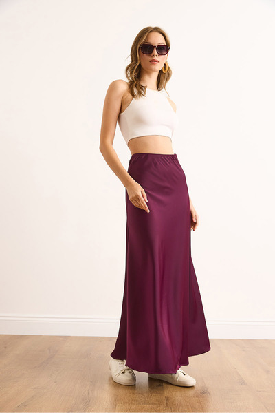 Olalook Kadın Mürdüm Yanı Fermuarlı Maxi Çan Dökümlü Saten Etek ETK-19000351