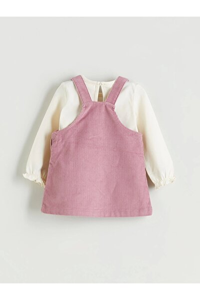 LC Waikiki LCW baby Pembe Bisiklet Yaka Kadife Kız Bebek Bluz ve Salopet 2'li