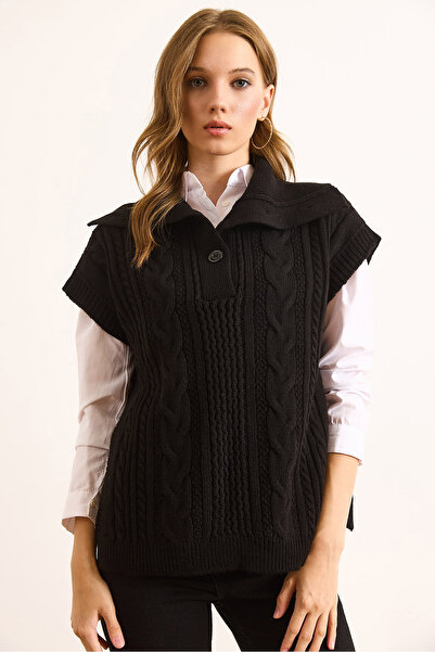 Olalook Women's Black Wide Collar Buttoned Knitwear Sweater Svt-00000050