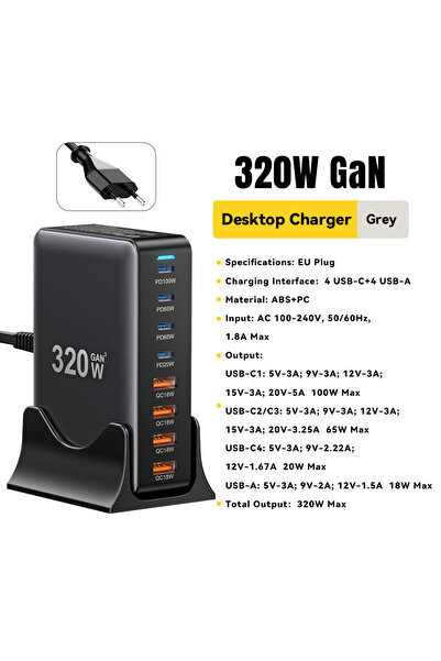 essager شاحن GaN أوروبي بقدرة 320 واط، محطة شحن مكتبية بـ 8 منافذ USB من النو...