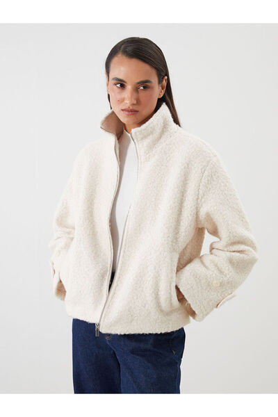 LC Waikiki Ecru Stand Collar Women's Plush Coat