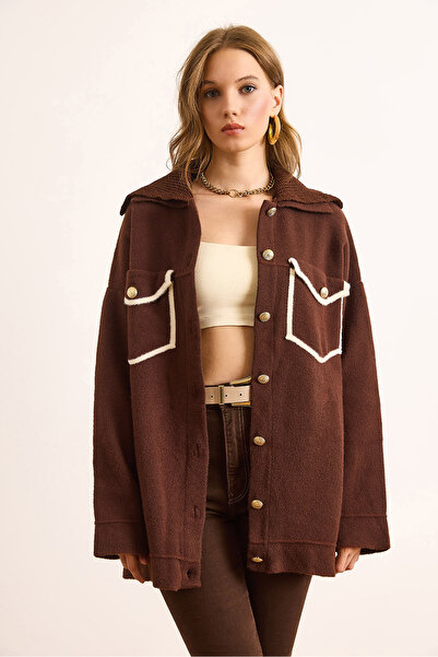 Olalook Women's Brown Premium Cashmere-Look Knitwear Jacket with Pocket and Collar Detail Ckt-19000461