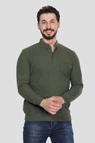 HEDEFNUR TEKSTİL Khaki Men's Polo Neck Regular Fit Thessaloniki Knit Sweatshirt with Pockets