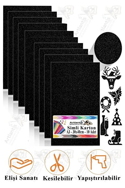 Artlantis Siyah Simli Karton A3 30x40 cm 10 lu 1 Paket Simli Fon Kartonu Parı...