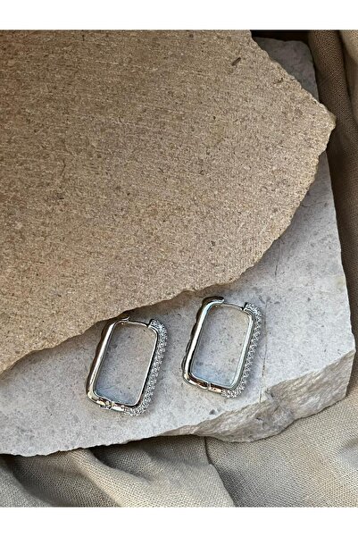 nunu takı Silver Color Stone Rectangular Earrings