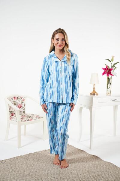 Estiva Women's Winter Front Buttoned Patterned Combed Cotton Lycra Pajama Set Blue