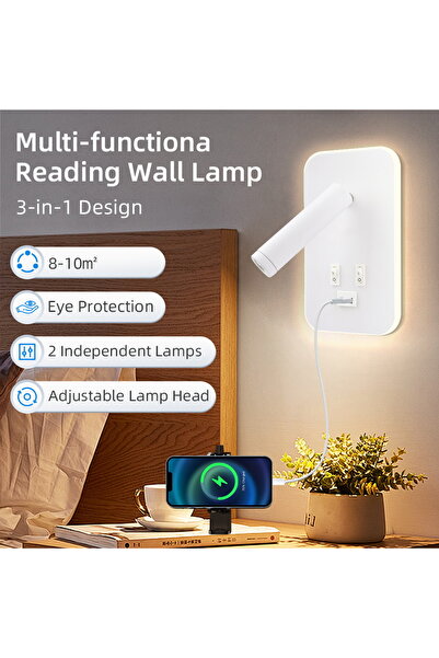 Choice AC 85-265V مع منفذ USB 1PC مصباح حائط أبيض بجانب السرير مع مفتاح ومنفذ USB مثبت على الحائط للقراءة