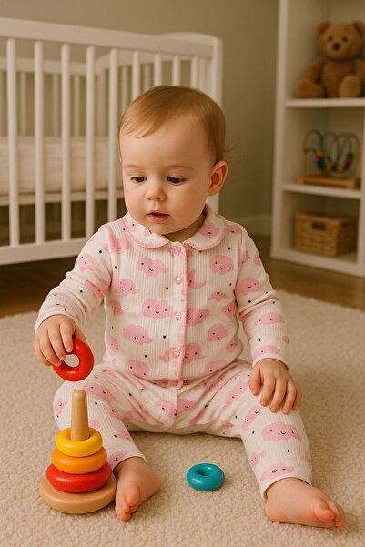 anne dokunuşu gibi KUZUM BEBE Pink Moon Star Cloudy Cotton Baby Girl Suit