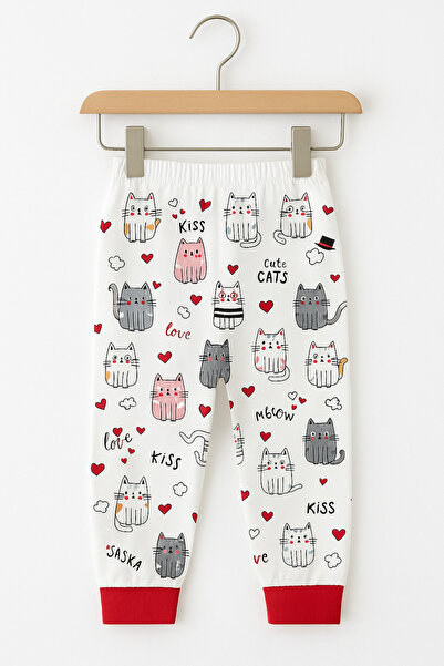 BABİDO "Bebek Uzun Kollu Pamuklu Pijama Takımı – Sevimli Kedi Desenli, Kırmızı Detaylı"